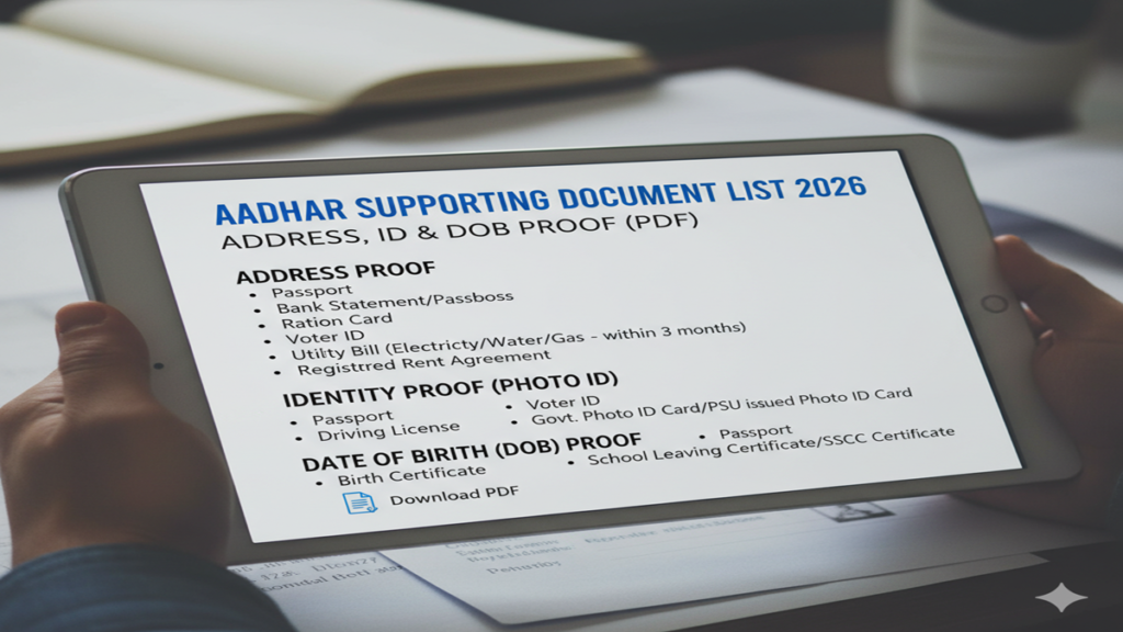Aadhar Supporting Document List 2026 – Address, Id & Dob Proof (Pdf)